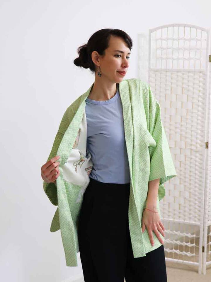 Key Lime Shibori Haori Kimono-Jacke für den Großhandel von KimonoZen
