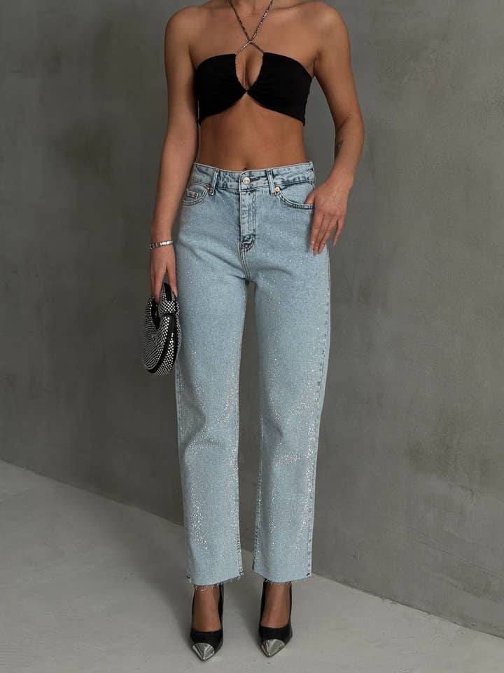 Jeans Palazzo Blu da Donna Fatti a Mano con Pietre Scintillanti per la vendita all'ingrosso da parte di Shebelle