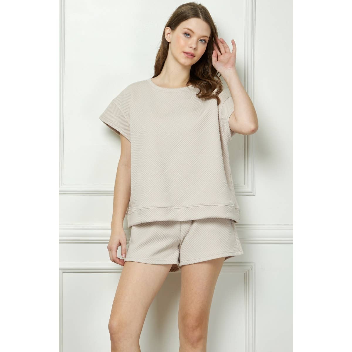 Veveret – Großhandel Strickoberteil – Damen – Gemustertes French-Terry-Kurzarmshirt8