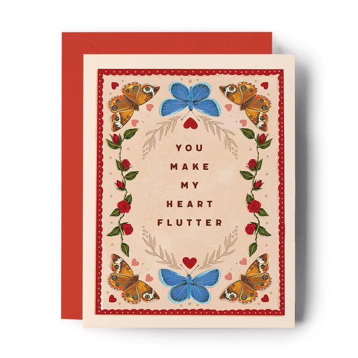 Carte d'anniversaire de la Saint-Valentin vintage avec papillon pour la vente par Brenna Daugherty Illustration