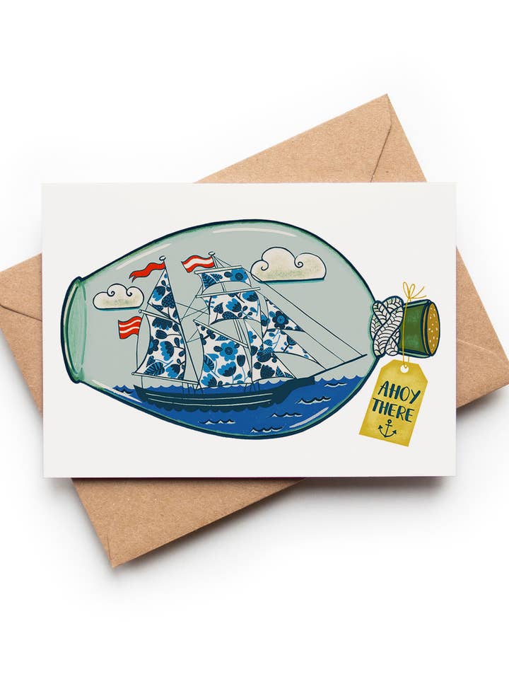 Ahoy There Ship in a Bottle: A6 Card for wholesale by Su Owen