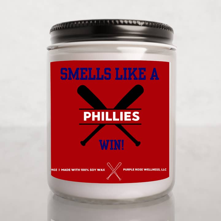 Philadelphia MLB Soy Candle Smells Like a Phillies Win for wholesale by Purple Rose Wellness, LLC