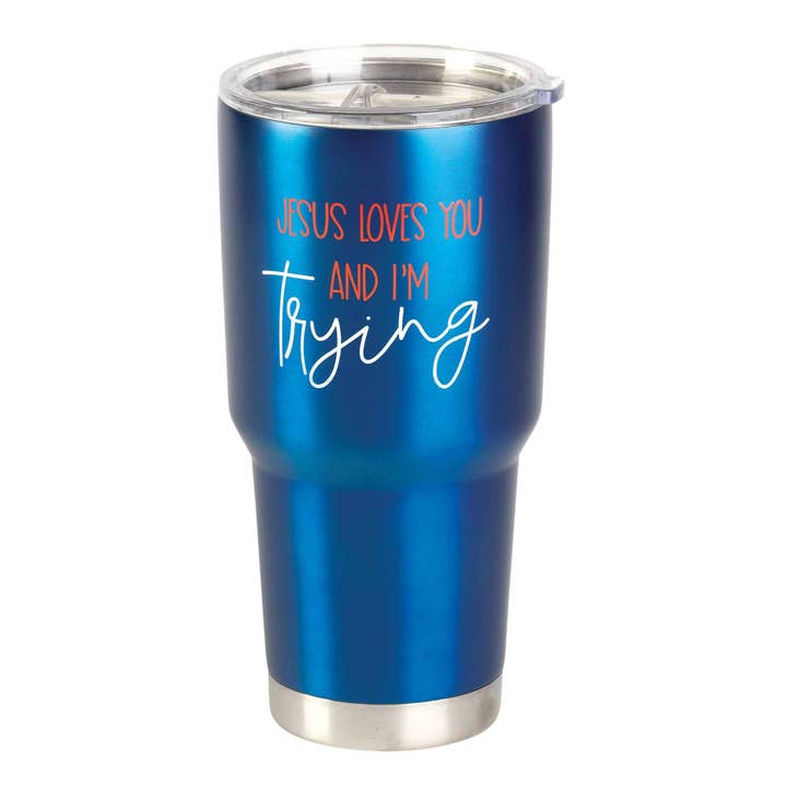 JESUS LOVES YOU I'M TRYING TUMBLER BLUE for wholesale by Cottage Garden