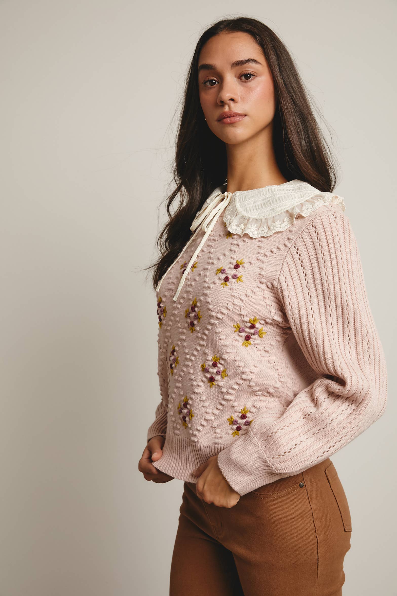 Forte - Venta al por mayor Jersey de punto - Mujer - Jersey de Punto con Mangas Abullonadas Bordadas FSW000729