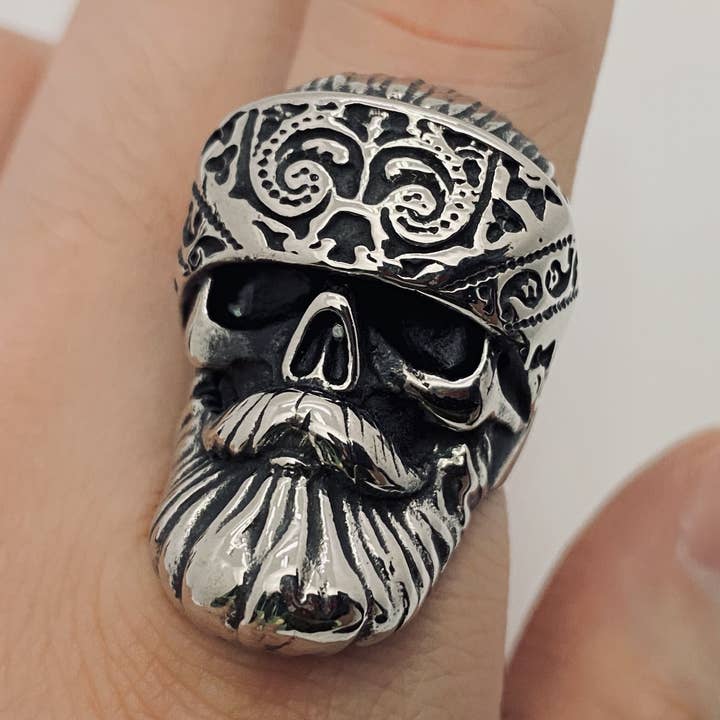 Stainless Steel Beard Skull Men's Retro Rings for wholesale by Mio Queena