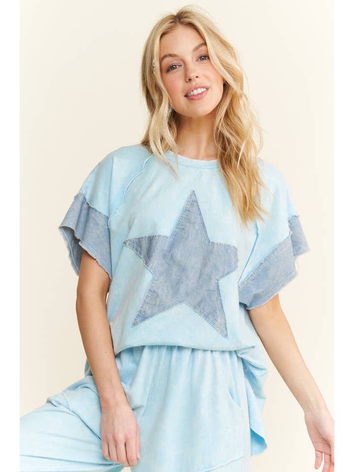 J.Her - Wholesale Blouse - Women's - Mineral Washed Denim Star Sleeveless top HT6250
