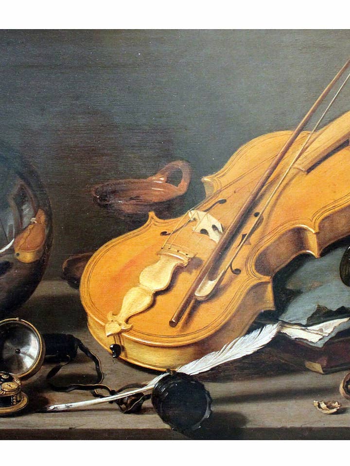 Vanité avec violon, boule de verre et autoportrait par Pieter Claesz, 1628 pour la vente par Flashback Shop