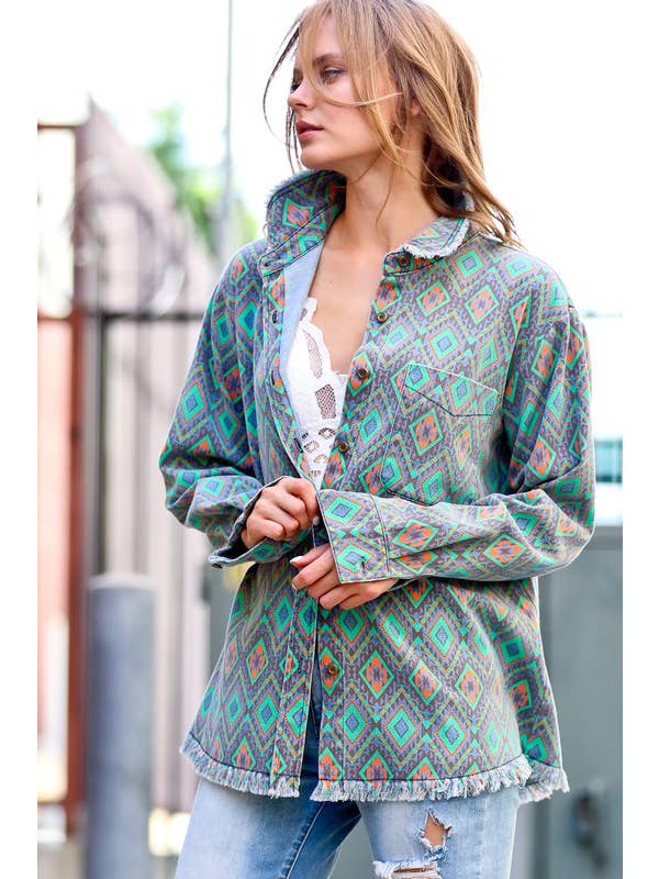 GREEN MIX Tribal printed washed out fringe hemming jacket MK10170 for wholesale on Faire