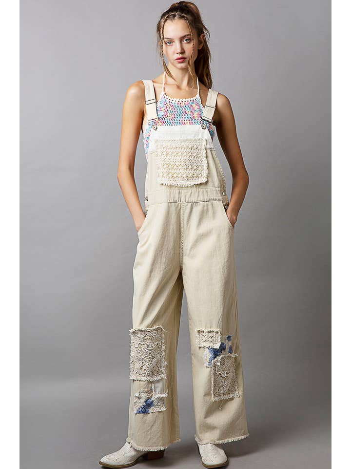 Pol Clothing - Wholesale Overalls - Women's - Crochet patchwork detail casual denim overalls