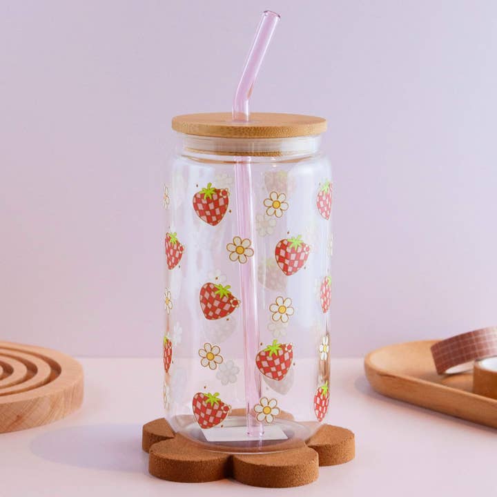 Groovy Strawberries and Daisies 16 oz Glass Cup Set for wholesale by Peach Dust Collective