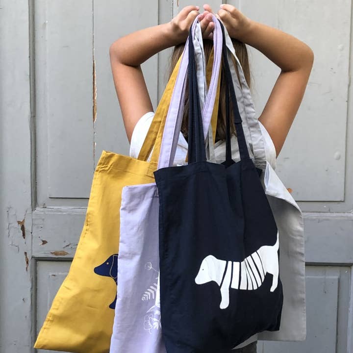 Hand-printed fabric bag with dachshund motif green for wholesale by Wonder Of Today