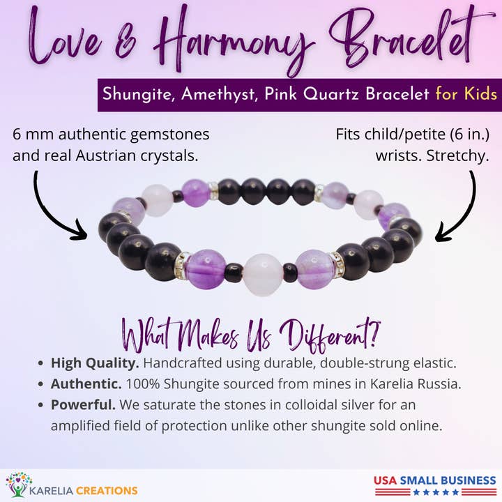 Karelia Creations - Venta al por mayor Pulsera de cuentas - Niños - Pulsera de protección para niños | Cuarzo rosa amatista de shungita