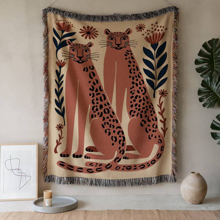 Manta Tejida de Leopardos Gemelos, Tapiz Moderno de Botánica. para venta al por mayor de CasaIuliia