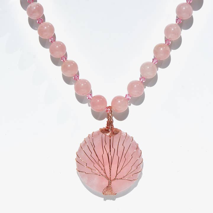 Collana con albero della vita in quarzo rosa per la vendita all'ingrosso da parte di GemDiggers