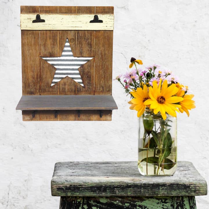 Wood Wall Organizer with Star Design and Shelf for wholesale by Wilco Home