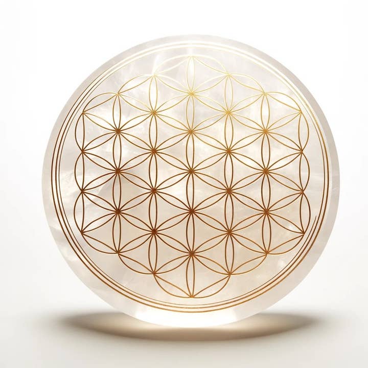Selenite Disc Flower of Life with Gold Engraving for wholesale by WLM