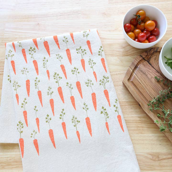 The High Fiber - Wholesale Tea Towel - Handprinted Carrot Kitchen Towel, Garden Tea Towel2