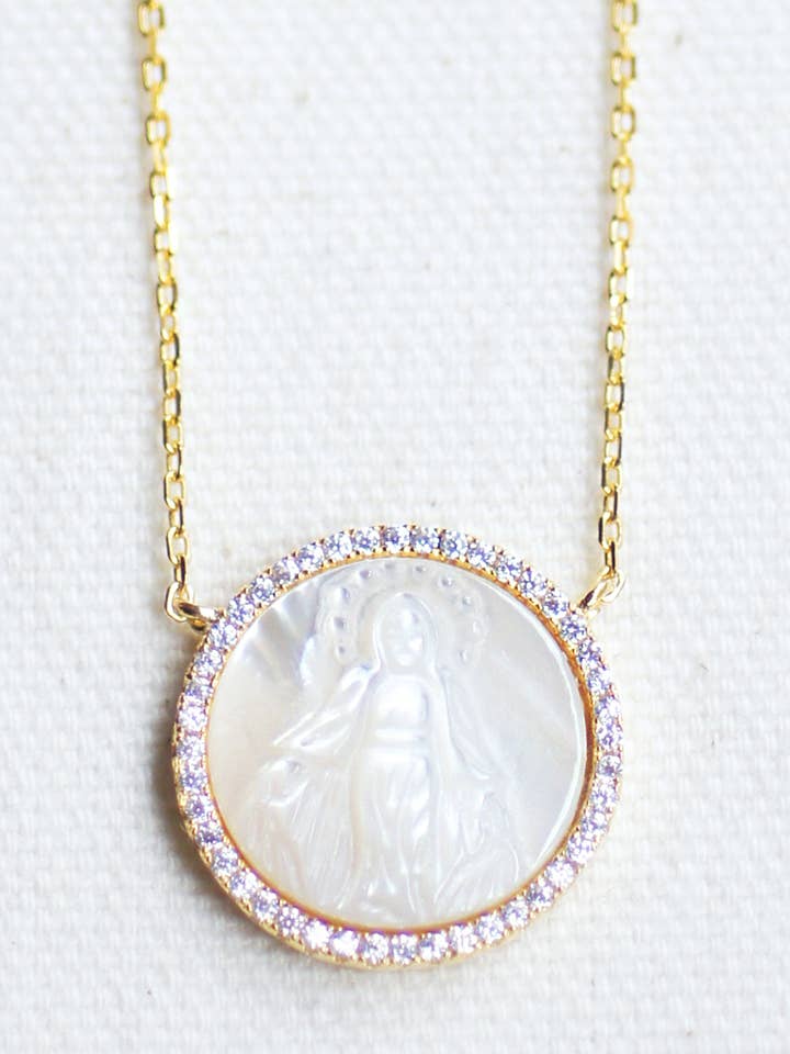 Mother of Pearl Virgin Mary CZ Studded Necklace for wholesale by FELIX Z DESIGNS