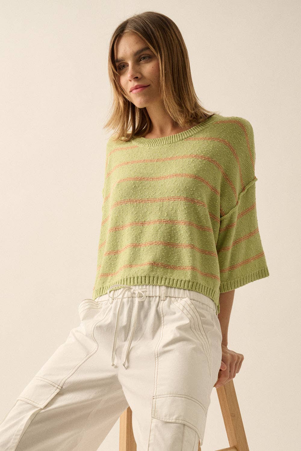 Promesa USA – Pulôver - Mulher por atacado – Suéter solto de malha listrada com decote em barco manga 3/427