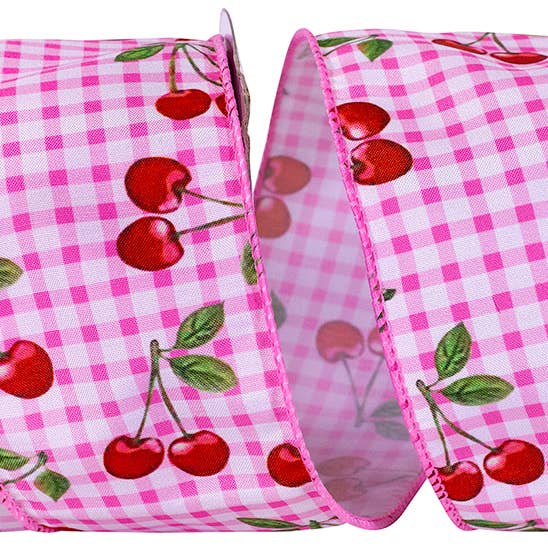 Cerises tossed vichy wire edge, rose, 2 1/2 pouces, 10 mètres pour la vente par RELIANT RIBBON
