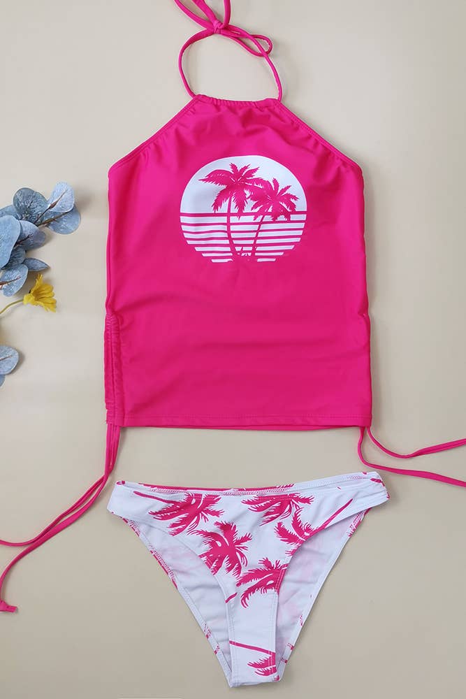 UNISHE – wholesale Tvådelad baddräkt - Dam – Coconut Tree Print Halter Ruched Tankini Set ZK0456