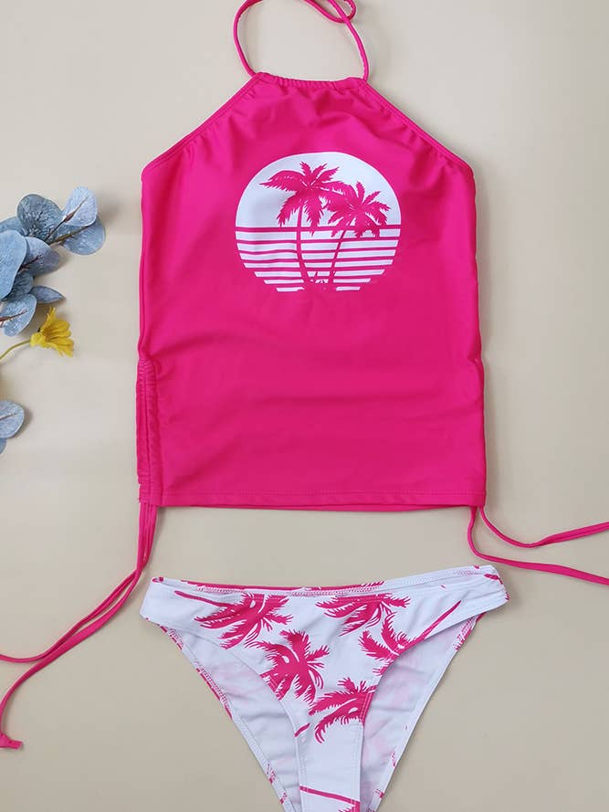 UNISHE - Wholesale Two Piece Swimsuit - Women's - Coconut Tree Print Halter Ruched Tankini Set ZK0456