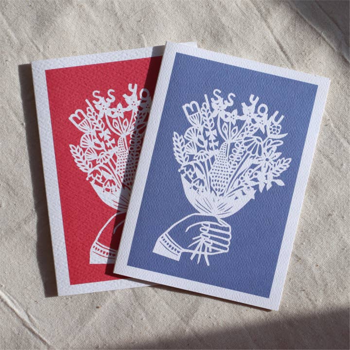 Miss You Flowers card - 2 block colours for wholesale by Gemma Barnett