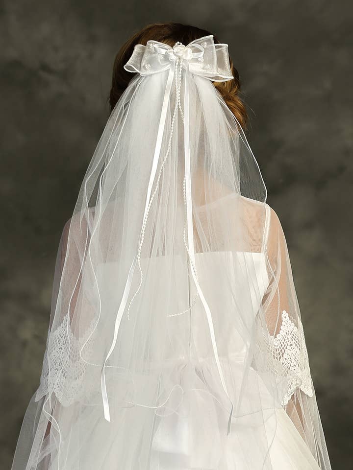 Layered Comb Veil Adorned with Bow and Pearls for wholesale by Kid's Dream