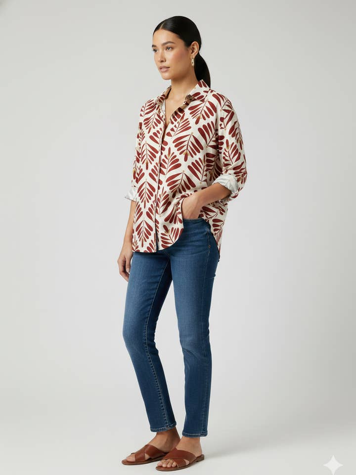 Chemise imprimée feuillage – Style bohème PAB526 pour la vente par Pomelo paris