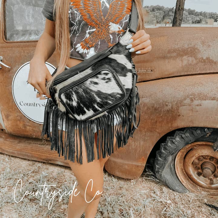 Austin Cowhide Fringe Sling, Fanny Pack, Festival Bag for wholesale by Countryside Co.