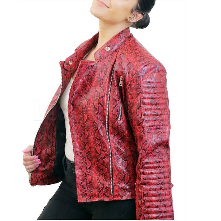 Bold Red Snake Pattern Faux Leather Jacket for wholesale by Leather Skin Shop