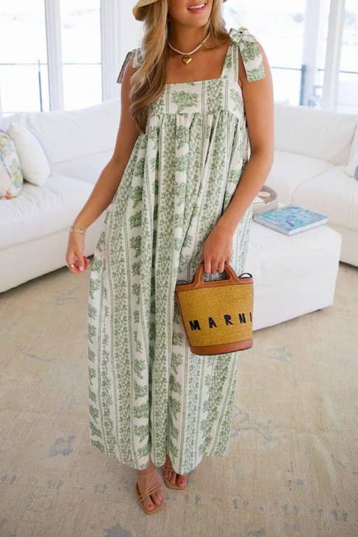 green Calista Ethnic Floral Print midi dress with bow straps for wholesale on Faire0