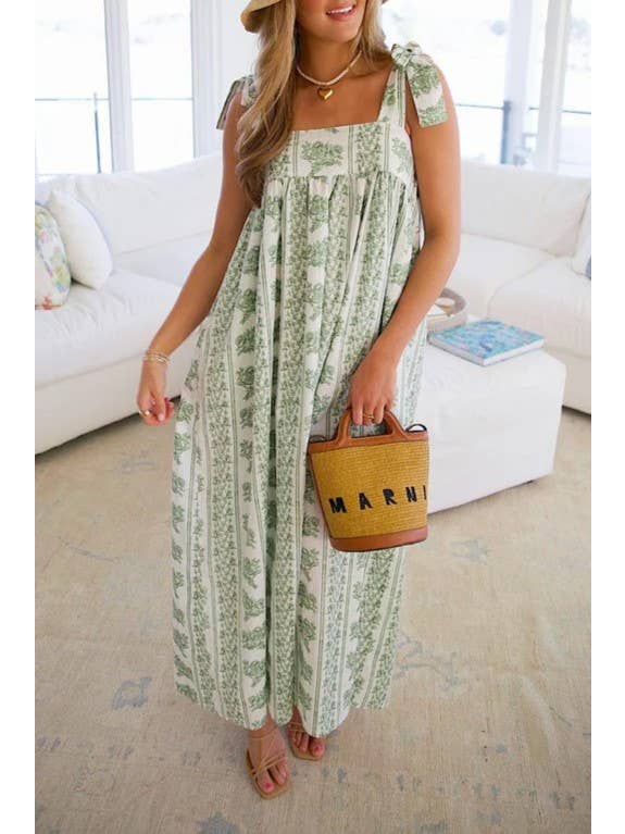 green Calista Ethnic Floral Print midi dress with bow straps for wholesale on Faire