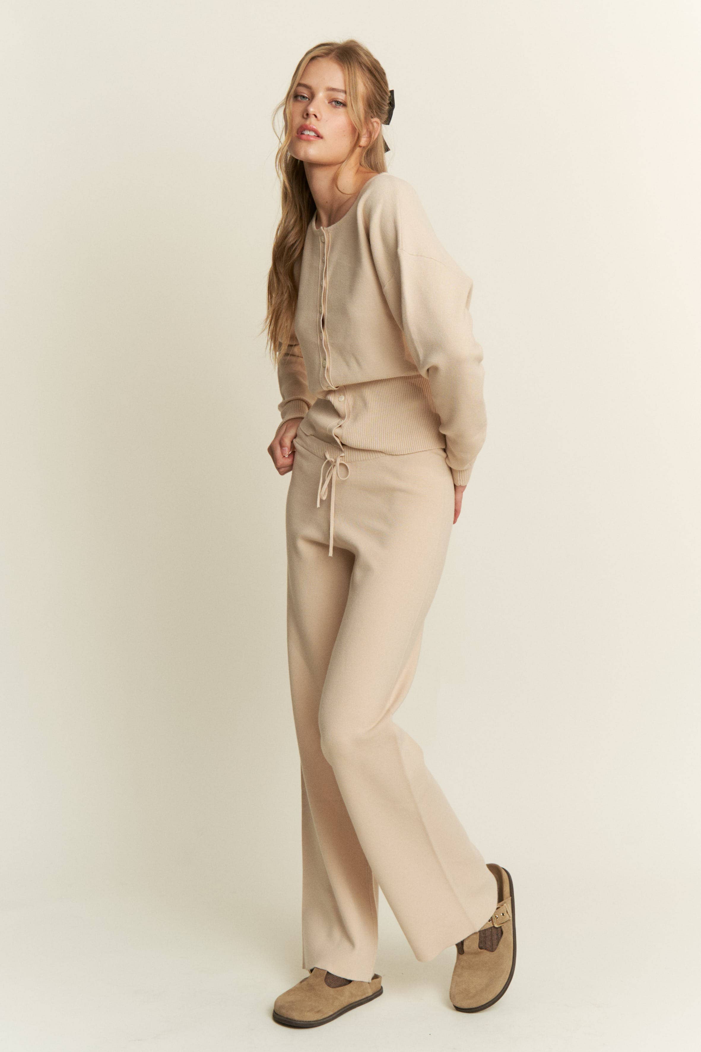 Beige Classic Button Down Knit Cardigan (Matching Set) for wholesale on Faire6