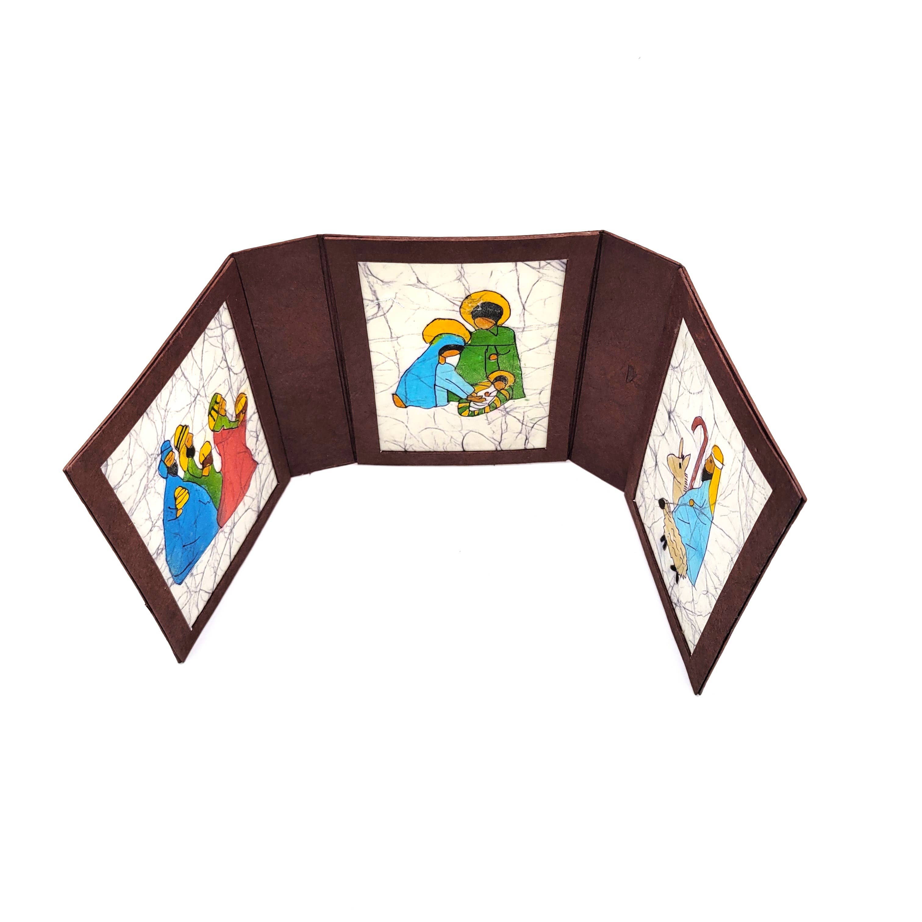 Eclectic Woodchuck – wholesale Nativity scene decor – Batik Nativity Triptych in Paper Mache Box 15