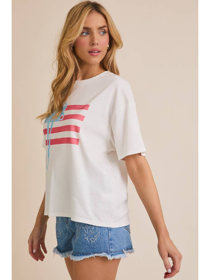 White ROUND NECK USA FLAG SCREEN PRINT T-SHIRT for wholesale on Faire
