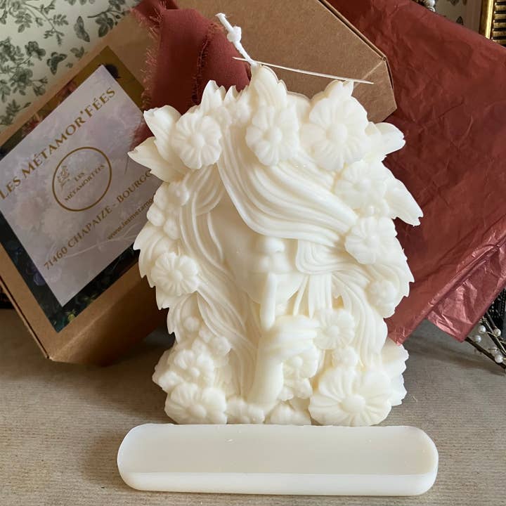 Handmade decorative candle Girl with flowers in kraft box for wholesale by Les Métamor'Fées