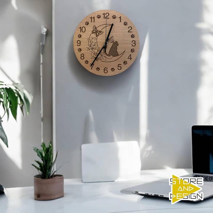 Store and Design - Wholesale Wall Clock - Wooden wall clock - Cat on floral moon3