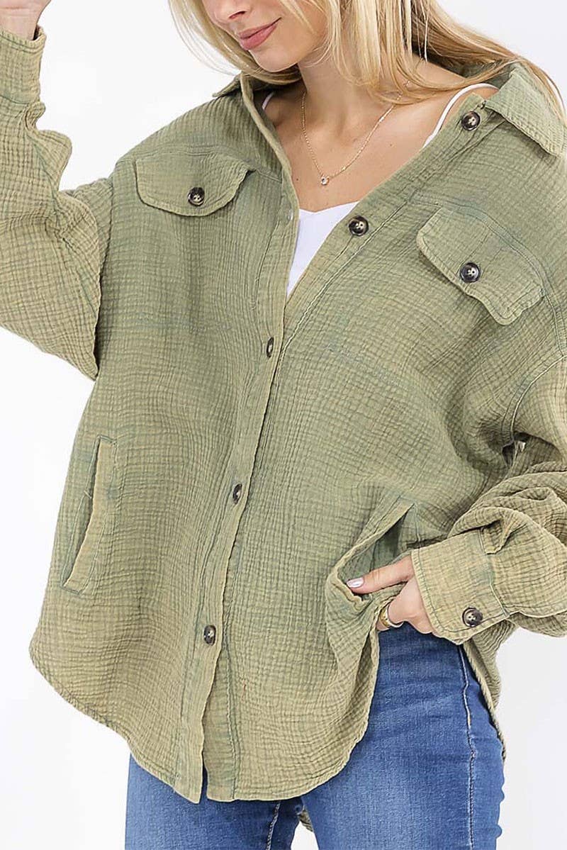 ROUSSEAU - Wholesale Button Down Shirt - Women's - BUTTON UP FRONT POCKETS WASHED OVERSIZED SHIRT11