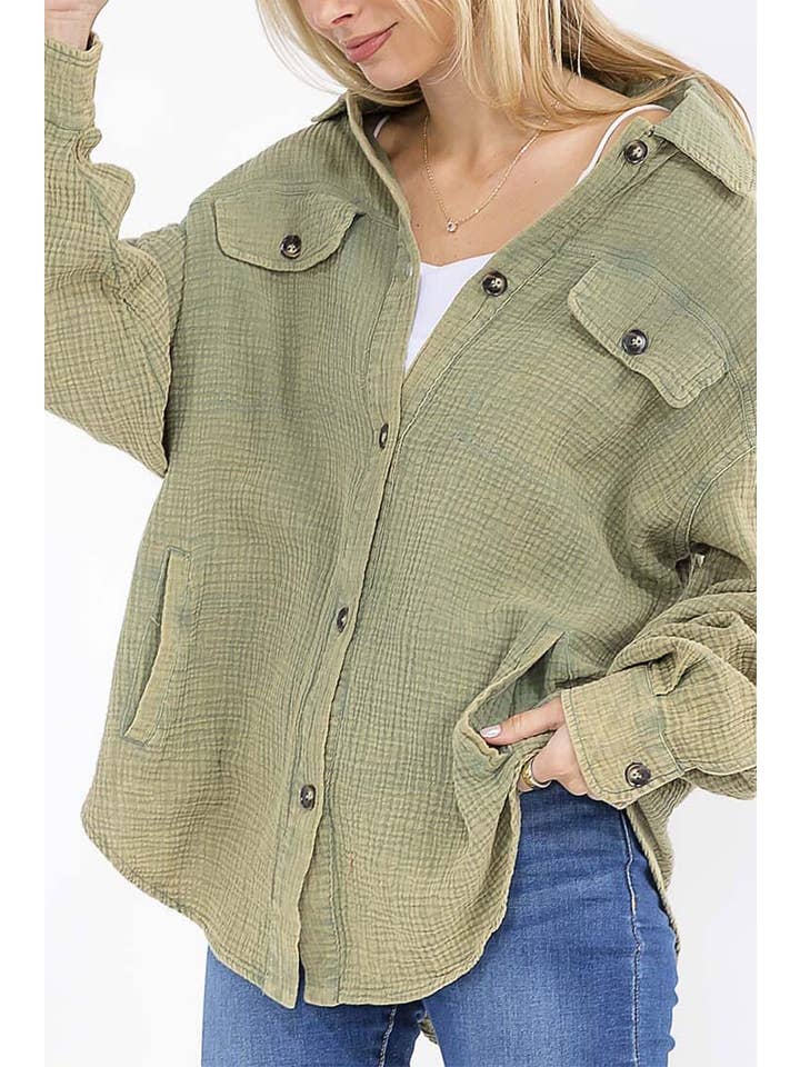 ROUSSEAU - Wholesale Button Down Shirt - Women's - BUTTON UP FRONT POCKETS WASHED OVERSIZED SHIRT11