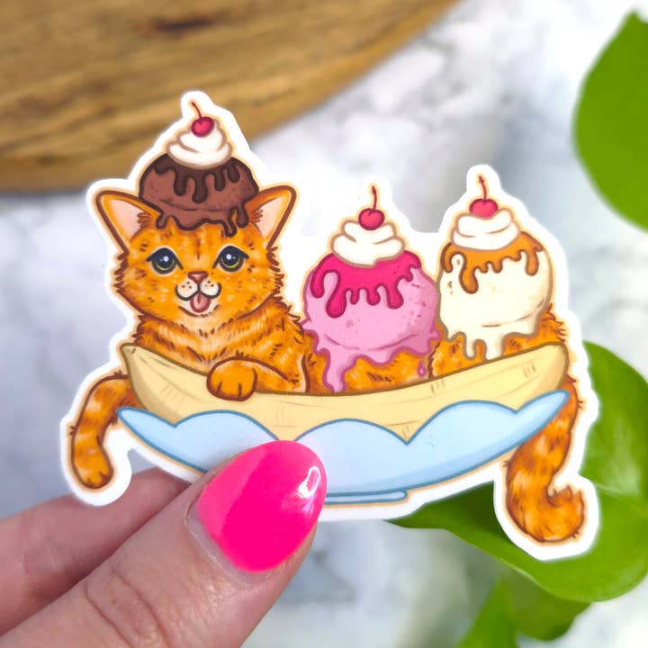 Banana Split Orange Tabby Cat Vinyl Sticker, 3x2.5 for wholesale by Chez Louie Designs