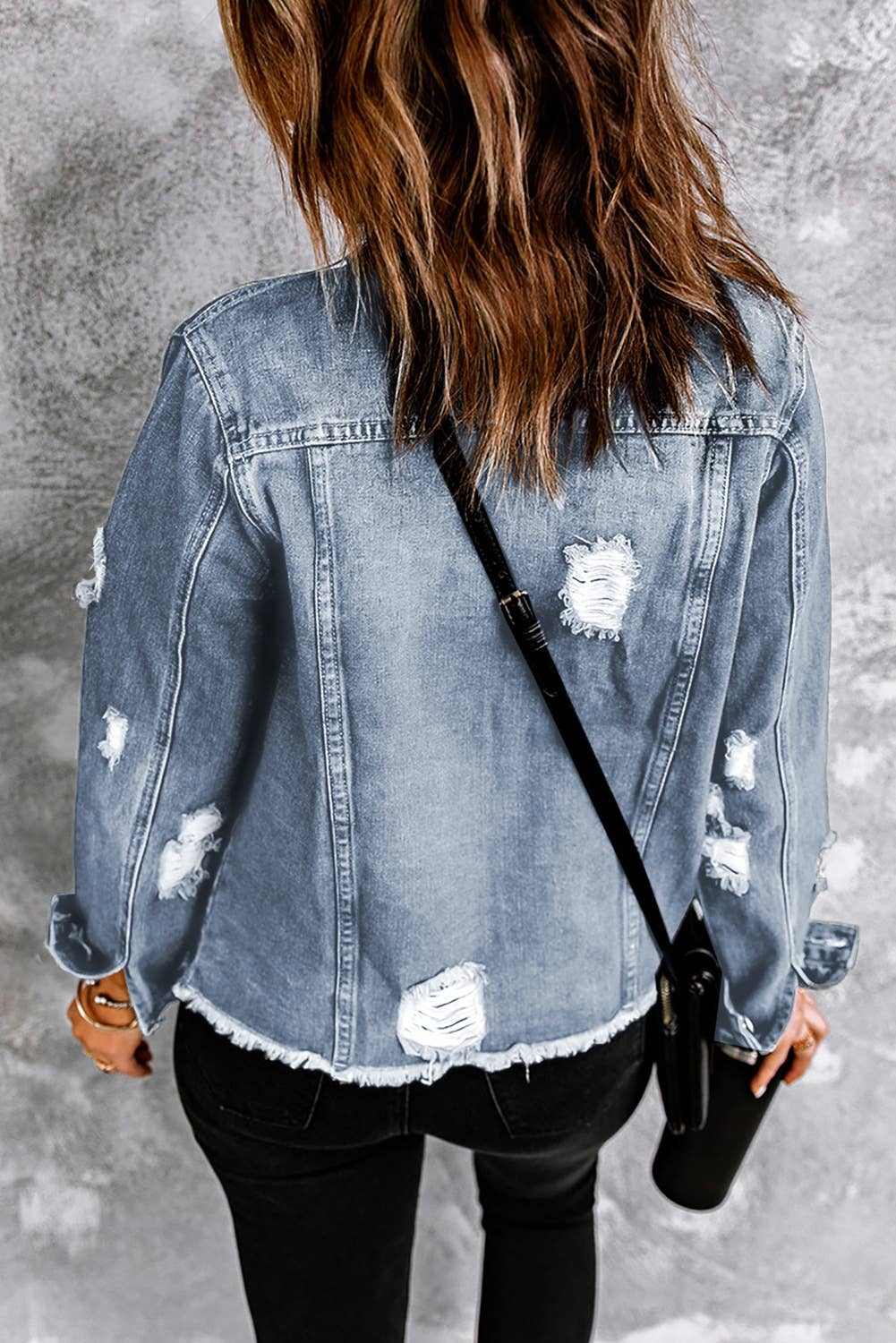1 the Woman - Wholesale Denim Jacket - Women's - Lapel Distressed Raw Hem Buttons Denim Jacket5