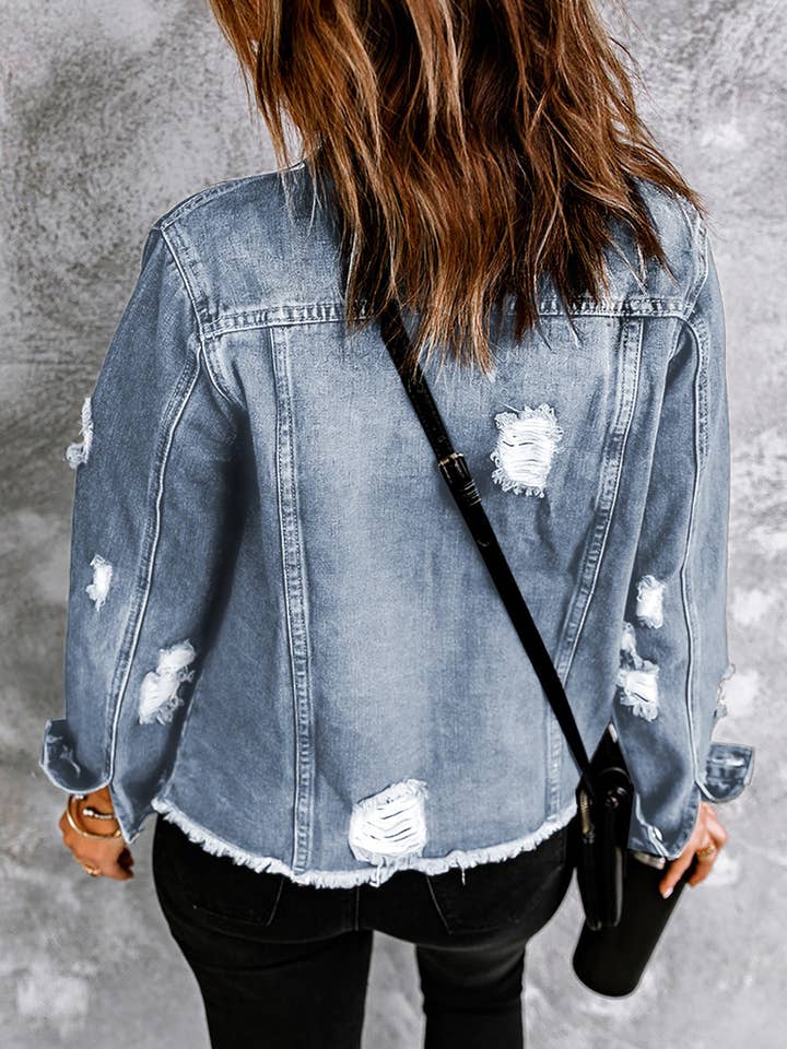 Umorger - Wholesale Denim Jacket - Women's - Lapel Distressed Raw Hem Buttons Denim Jacket1