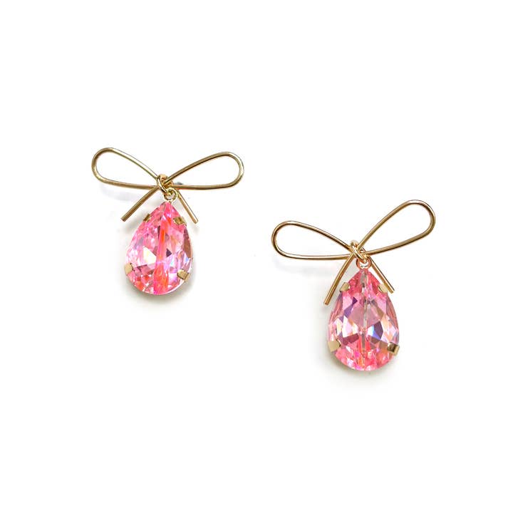 Brass Wire Bow with Teardrop Special Glass Dangle Earrings for wholesale by StarryNYC