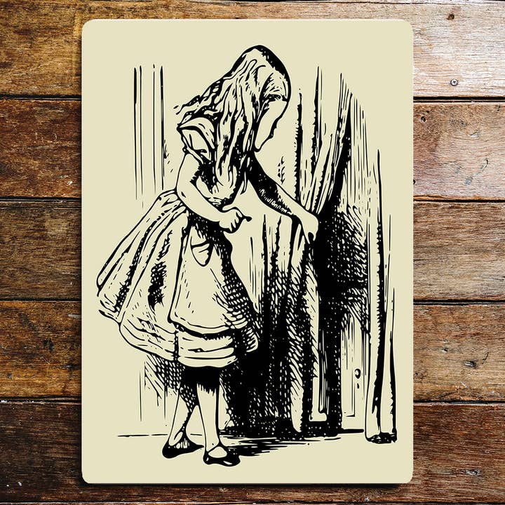 Alice in Wonderland curtain Metal Wall Sign Plaque for wholesale by The British Metal Signs Company