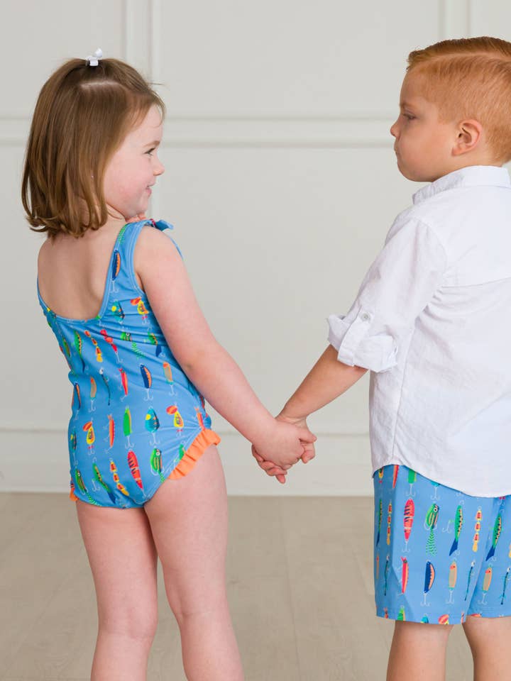 Blue Boys Gone Fishin Swim Trunks for wholesale on Faire