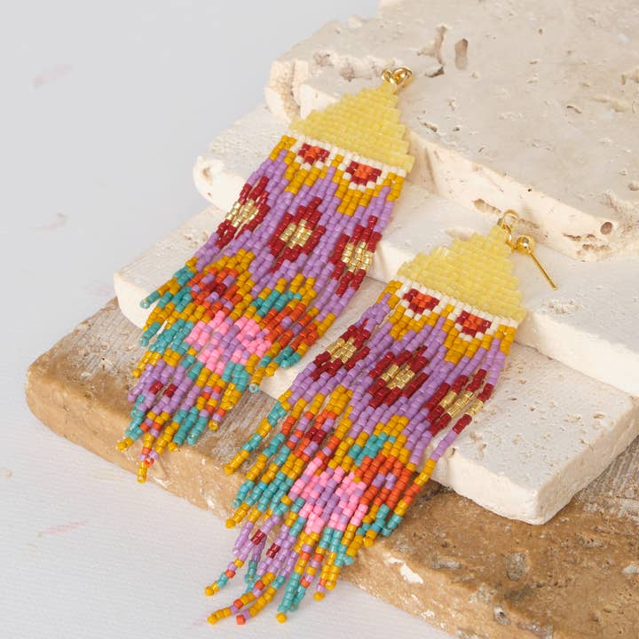 Mayana Designs Co - Wholesale Tassel earrings - Beaded Handwoven Huipil Fringe Earrings (Warmed Earth)