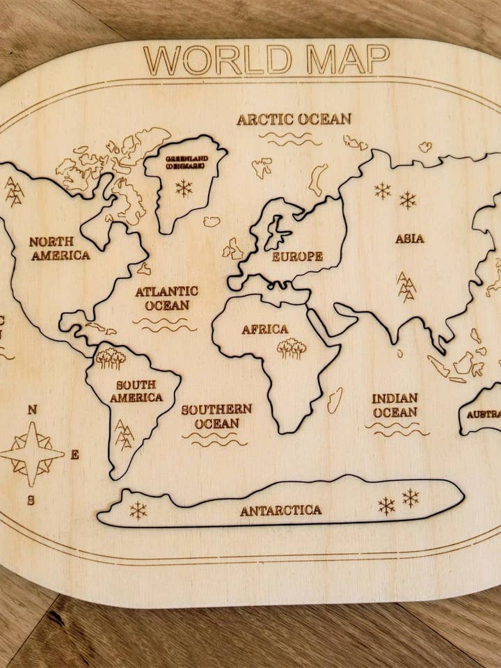 Quebra-cabeça de mapa mundial de madeira artesanal para crianças por atacado de Laser by D.A.M.