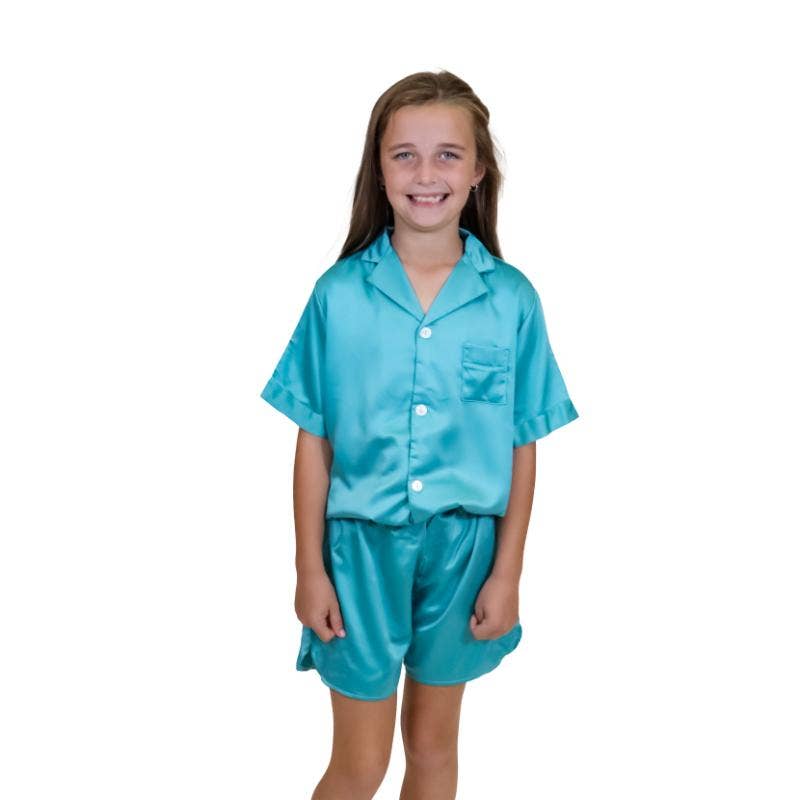 Jane Marie - Wholesale Sleepwear Set - Kids - Kids Here's the Deal, Teal Satin Pajama Short Set0