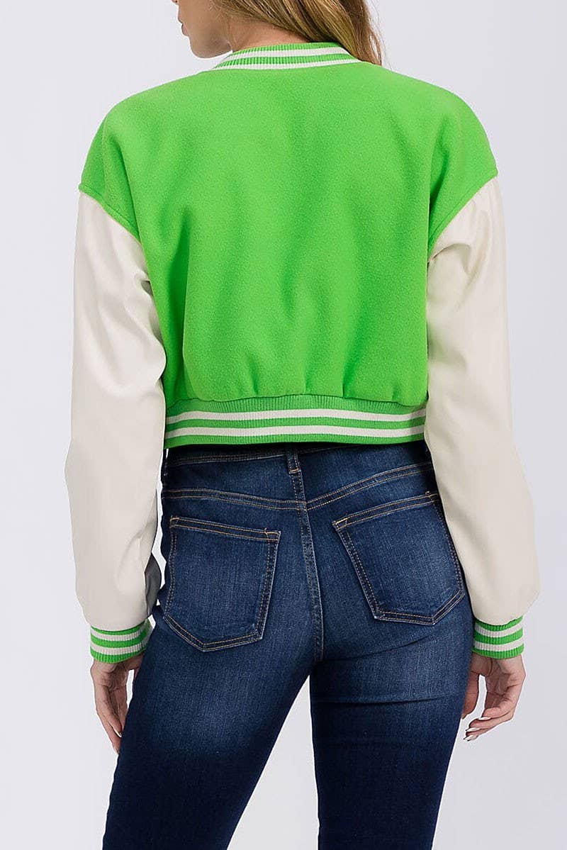 ROUSSEAU - Wholesale Varsity/Baseball Jacket - Women's - PLEATHER SLEEVE BUTTON CLOSURE VARSITY JACKET2